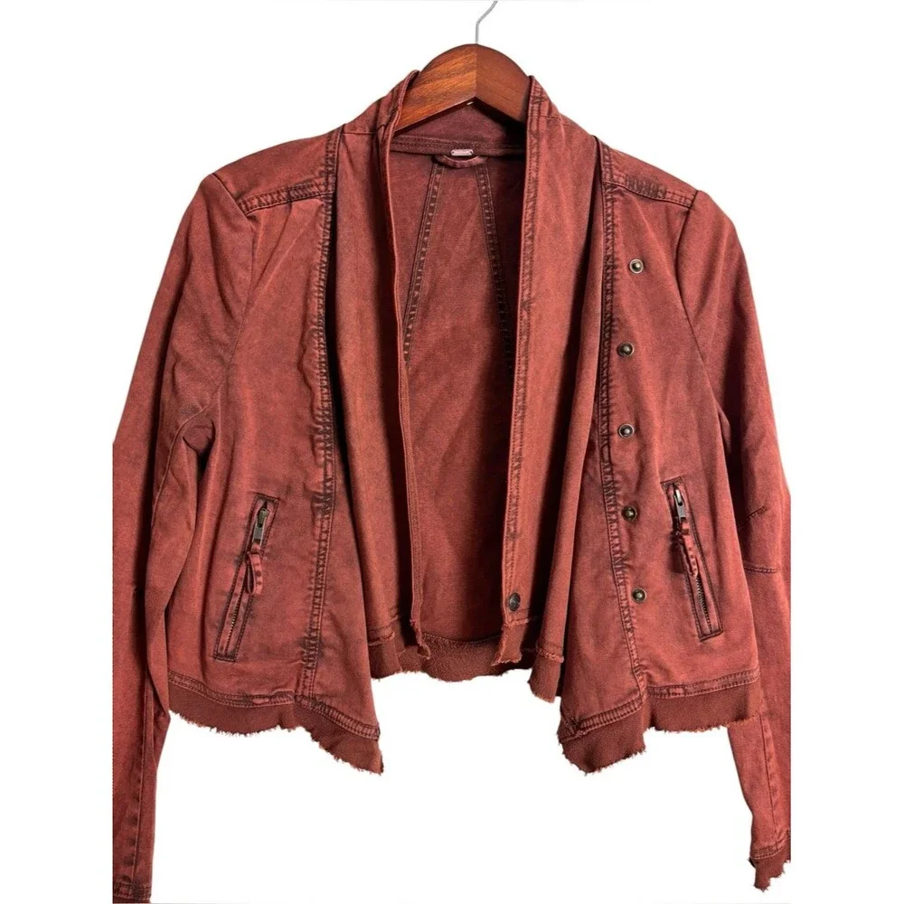 Free People Rust Orange Collapsing Twill Raw Hem Moto Jacket Boho Utility Small